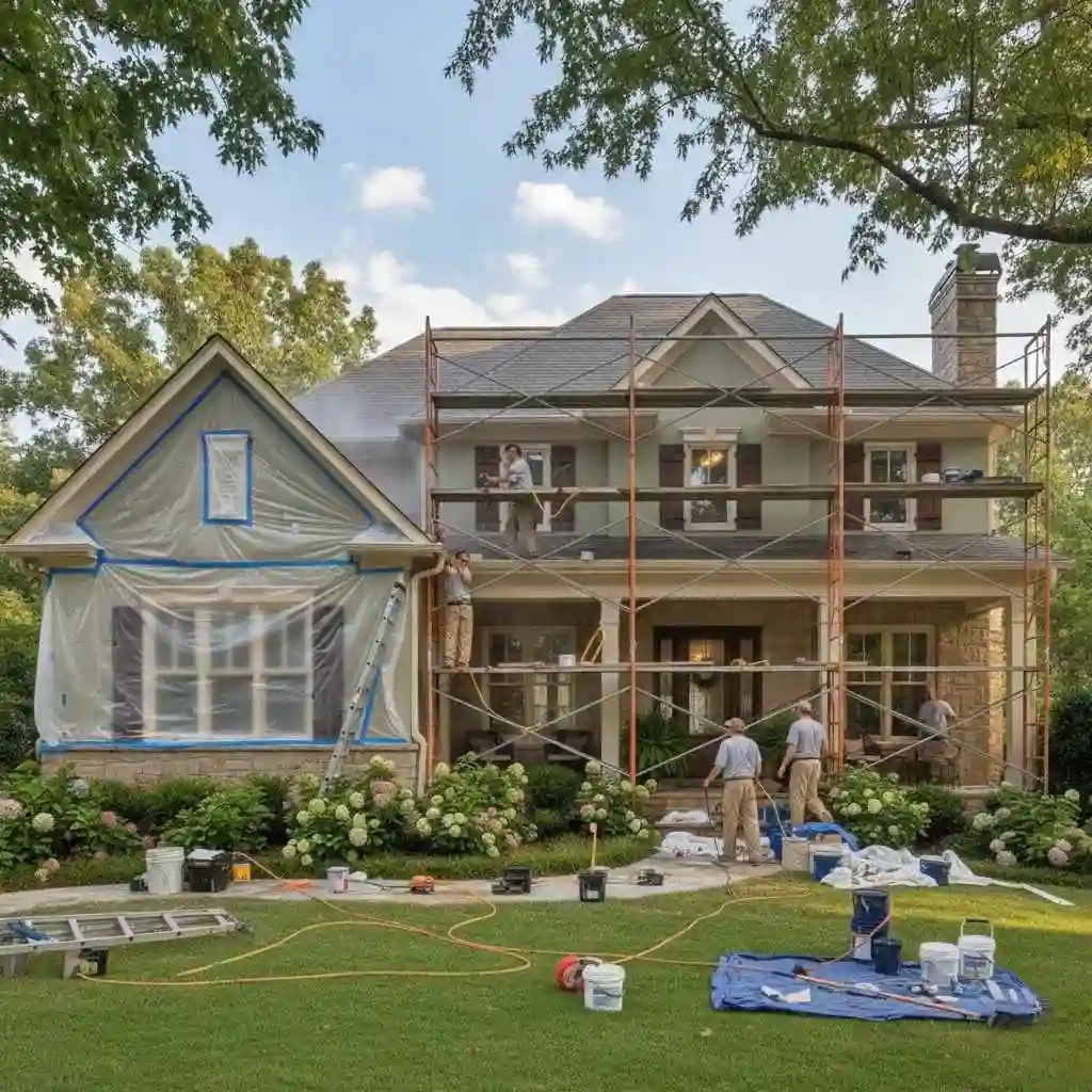 Exterior painting crew prepping Atlanta home siding