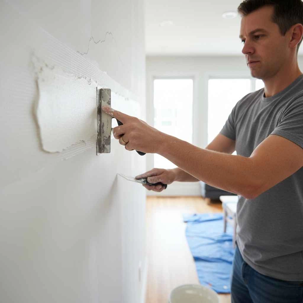 professional applying joint compound over a drywall crack