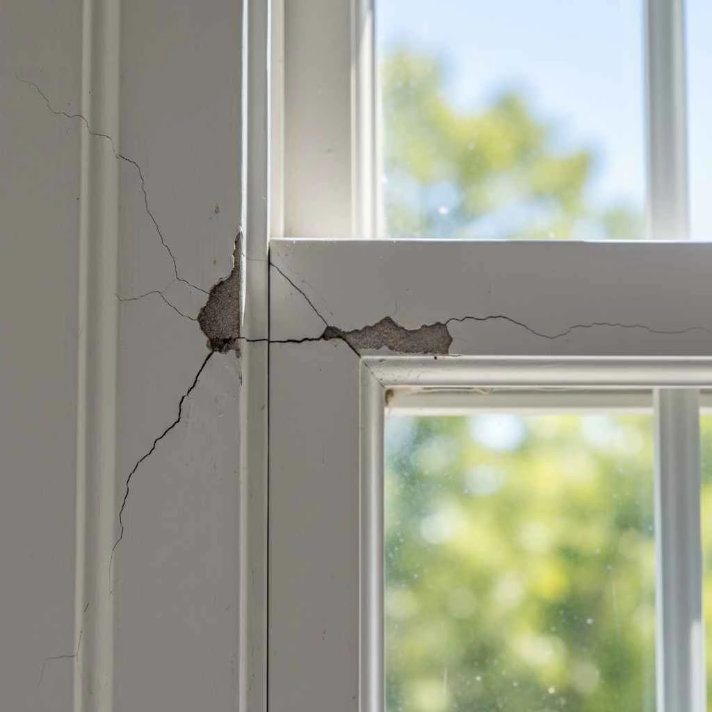  showing close-up of a drywall crack along a window frame
