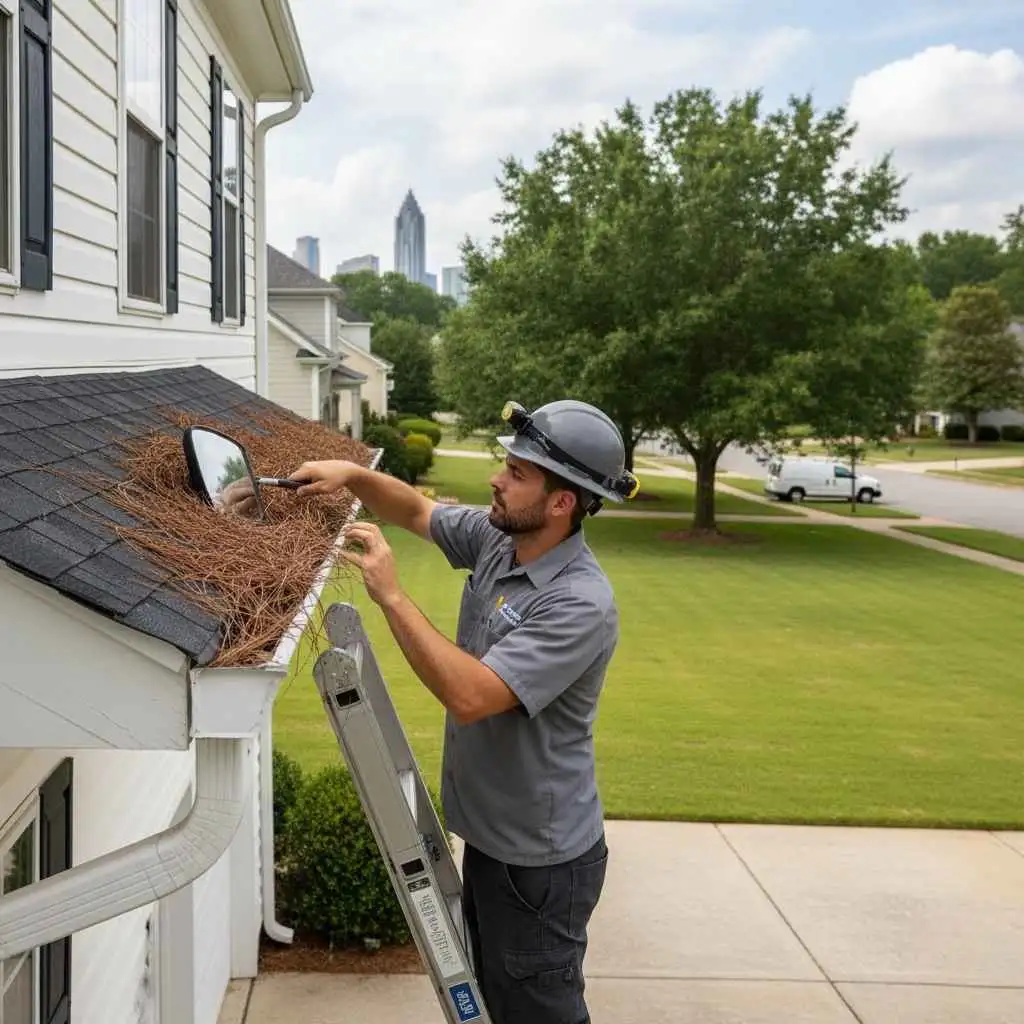 technician inspecting gutters on a residential home