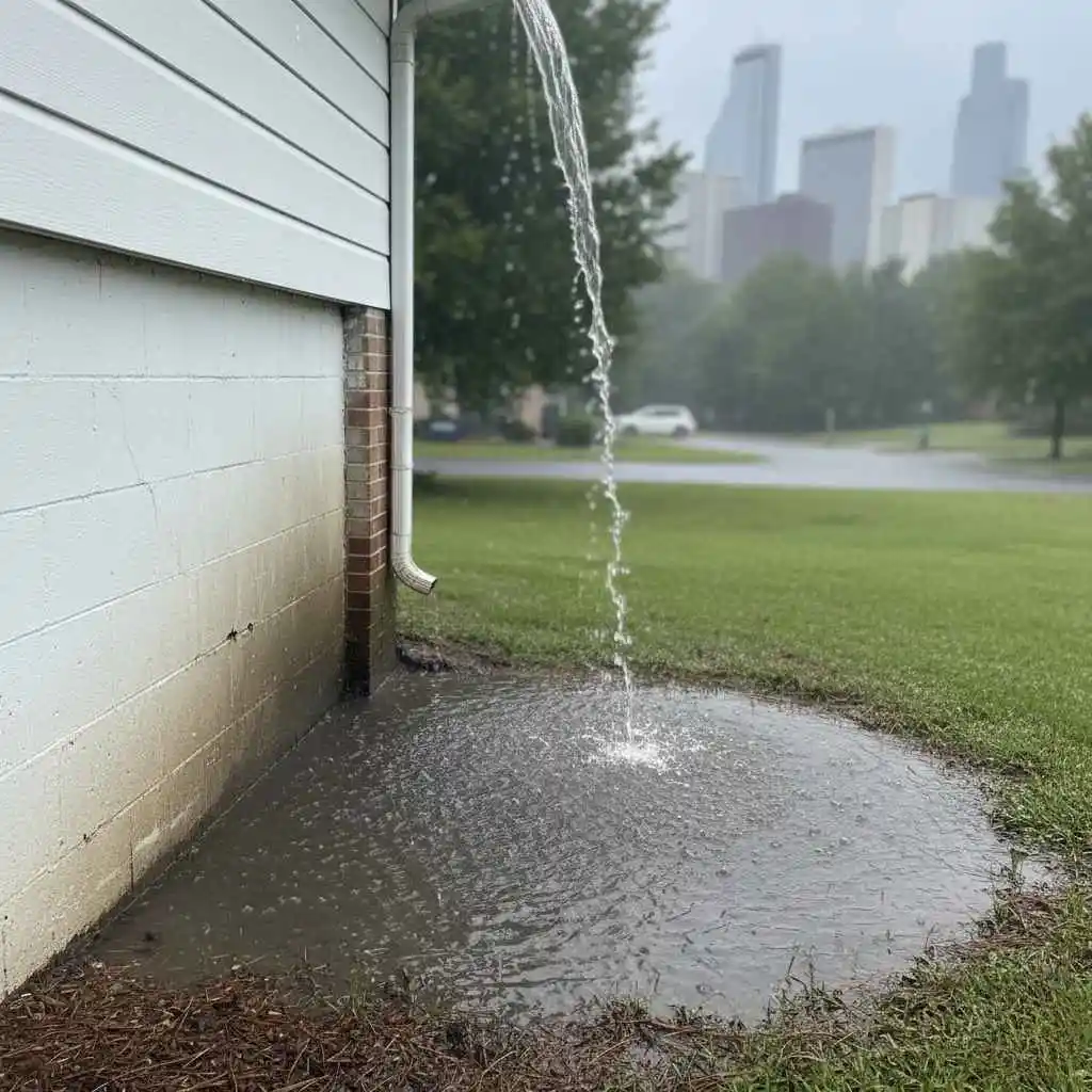 water pooling near foundation due to faulty gutters