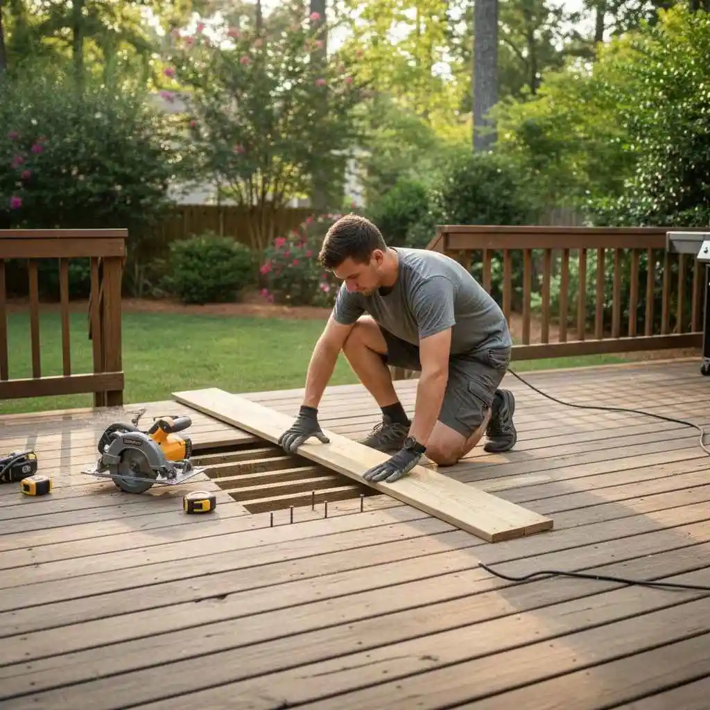Technician replacing deck boards