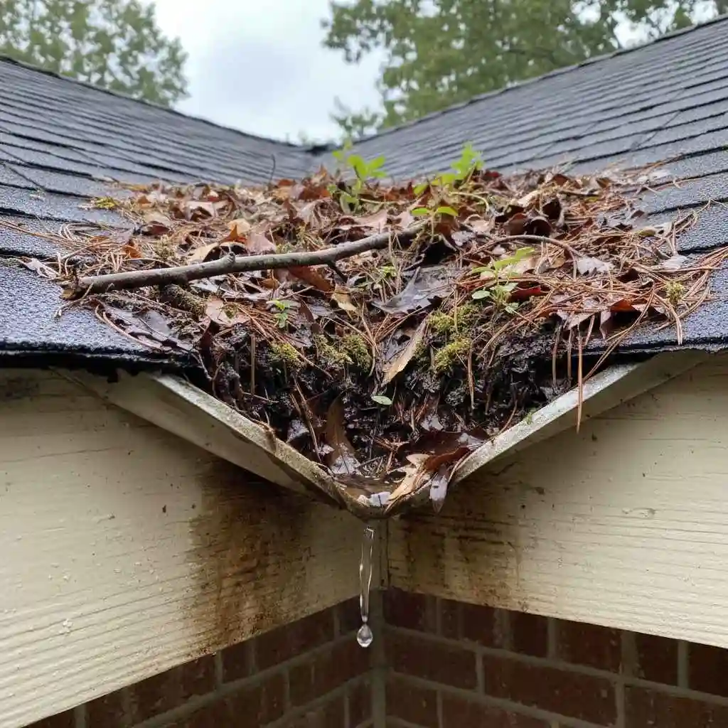 clogged gutter packed with leaves