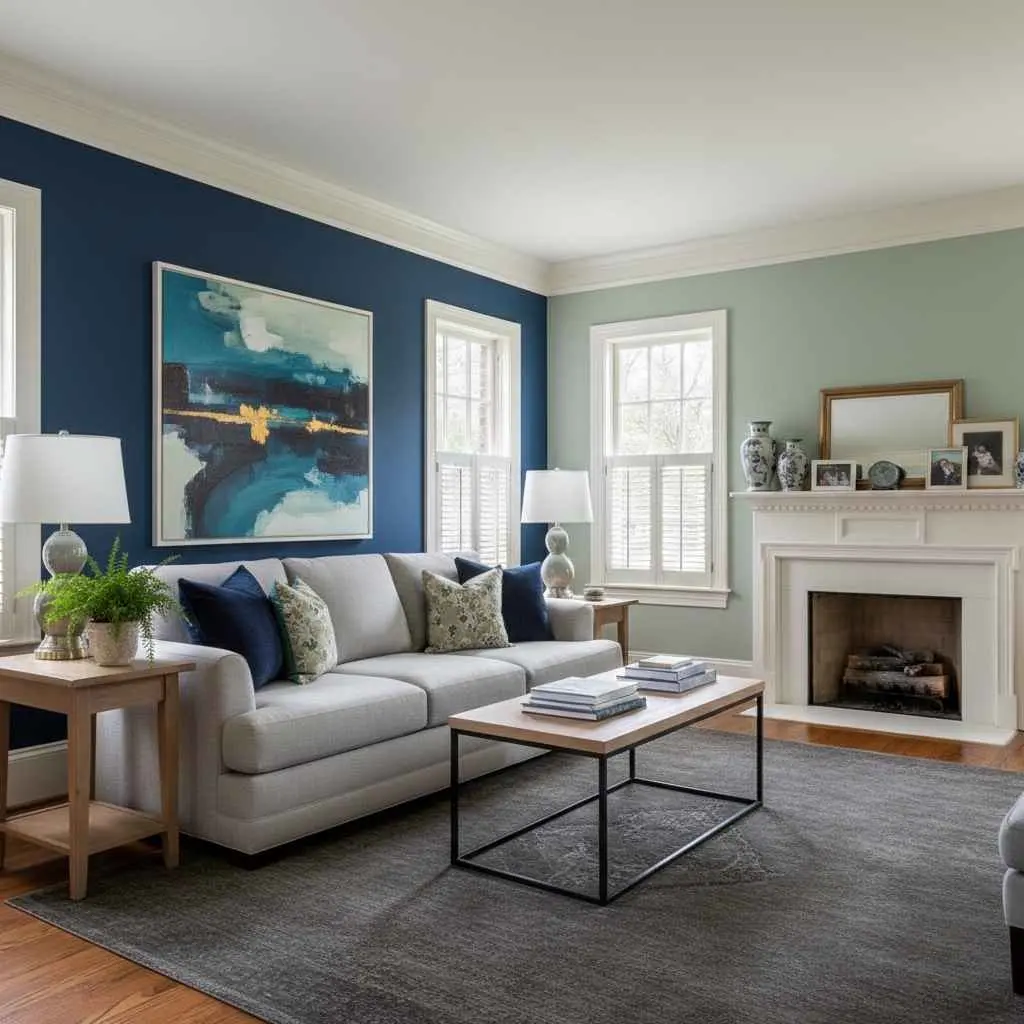 modern living room with navy accent wall