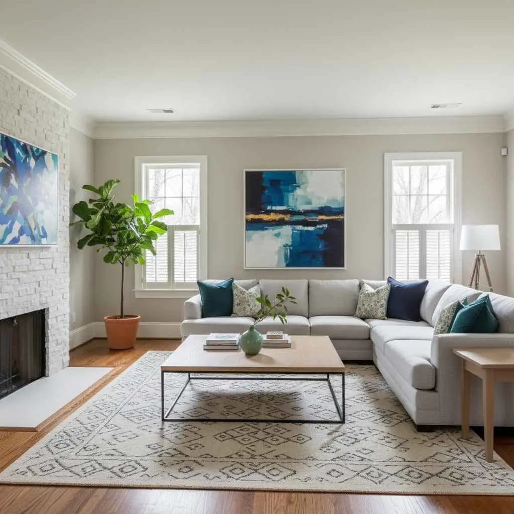 small living room painted light neutral color