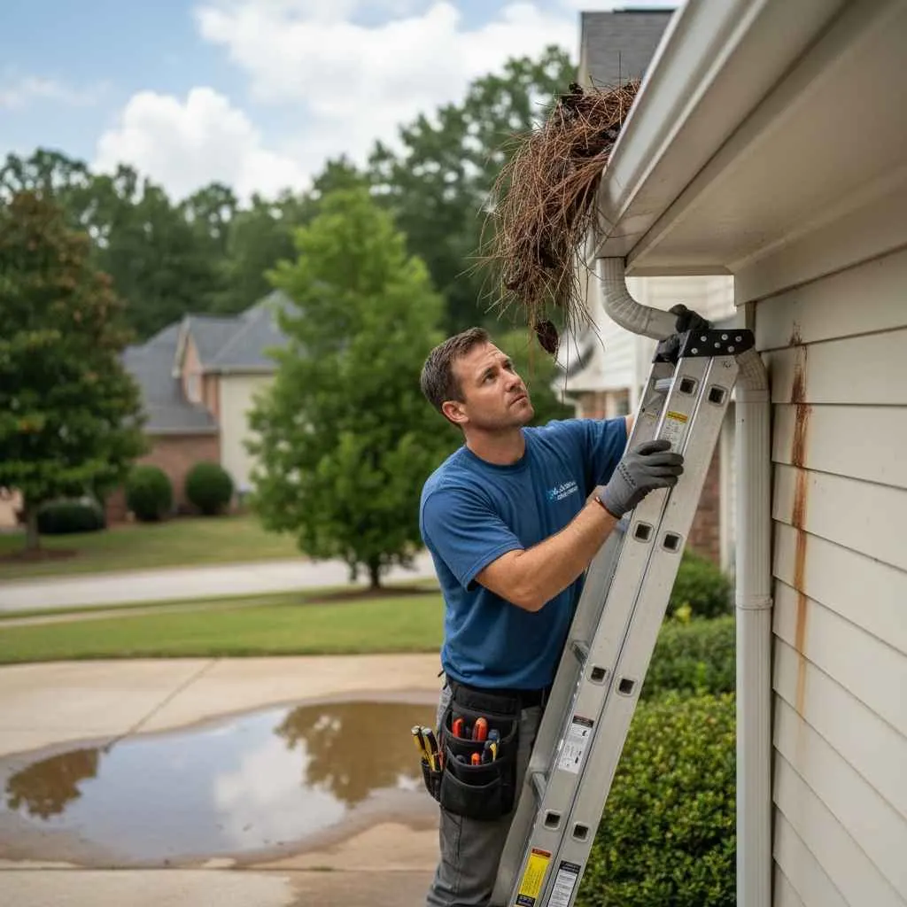 technician inspecting gutters on Atlanta home