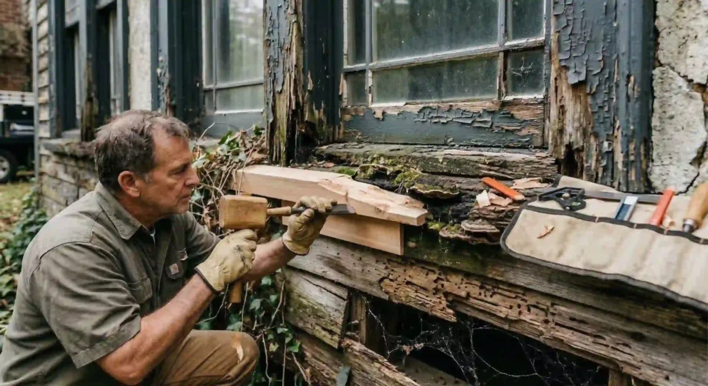 contractor repairing damaged wood trim.