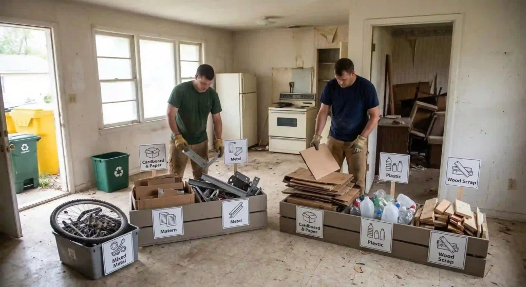 sorted debris piles for recycling during cleanup.