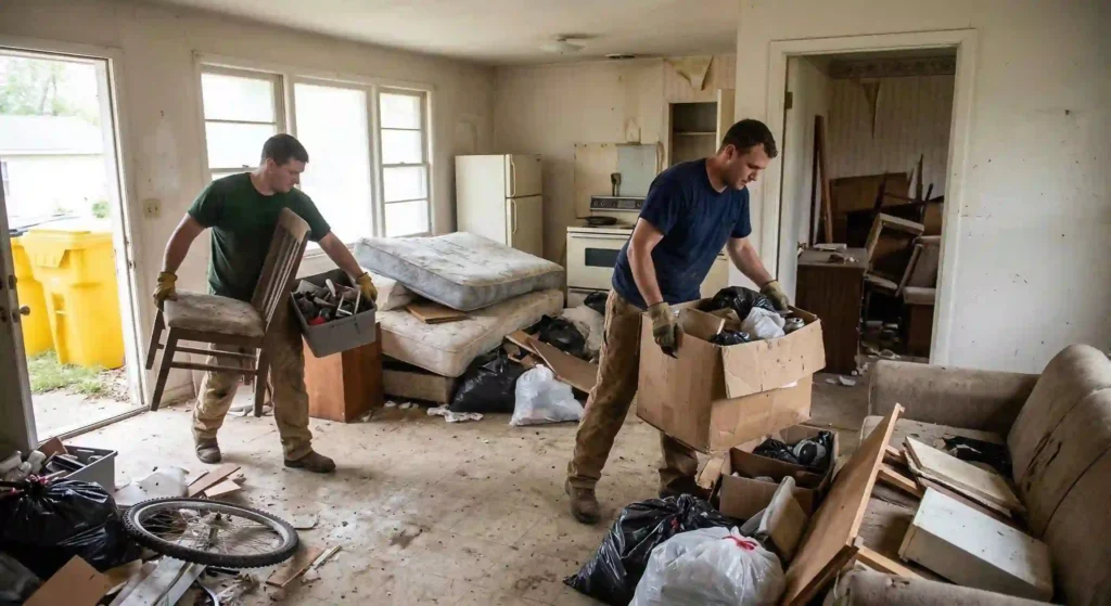 workers removing junk from inside a vacant home.