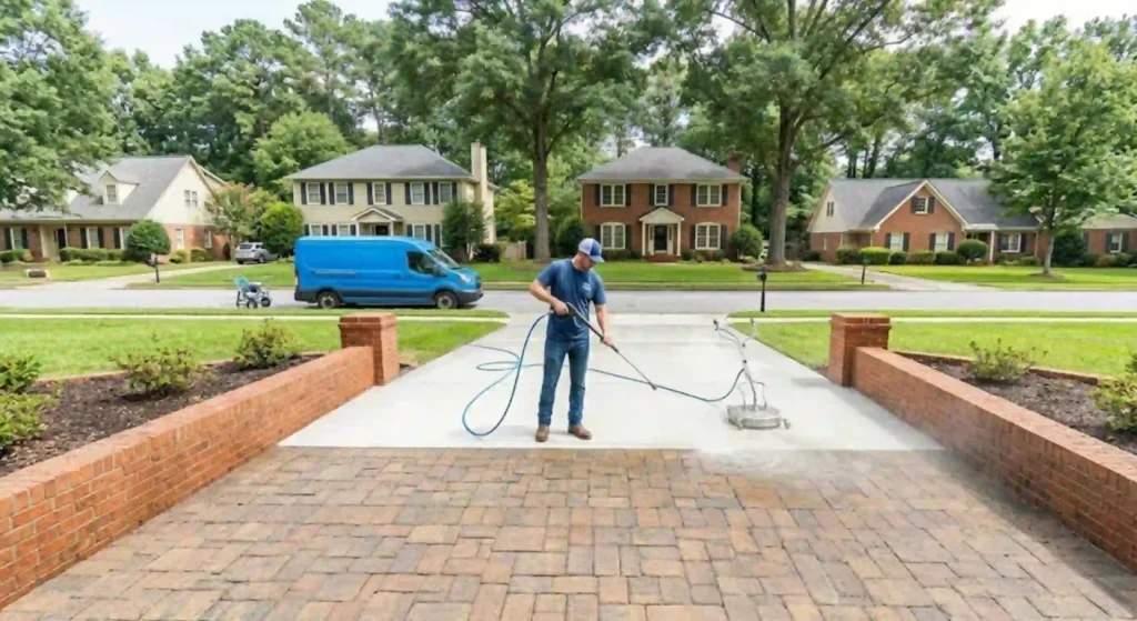 pressure washing equipment in action