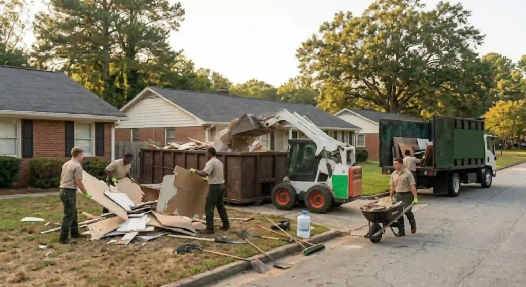 team removing debris from a residential property