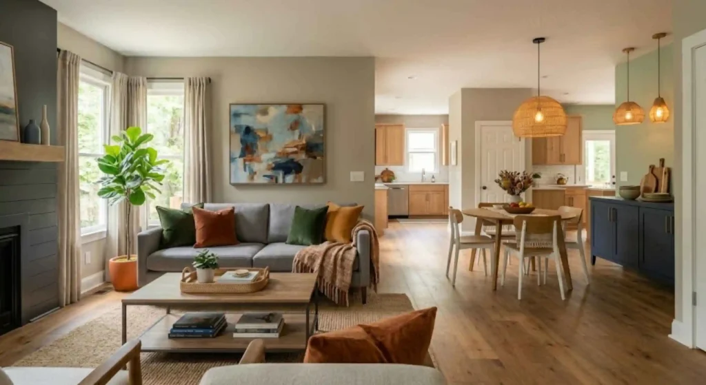 cozy earthy-toned kitchen or living room
